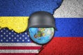 Russia , Ukraine and America painted flags on a wall with a crack, Earth with war helmet , war background concept Royalty Free Stock Photo