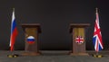 Russia and United Kingdom. Russia and United Kingdom flag. Russia and United Kingdom negotiations. Rostrum for speeches. 3D work