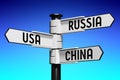 Russia, USA, China - travel concept - signpost with three arrows Royalty Free Stock Photo