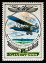 RUSSIA, USSR - CIRCA 1977: A postage stamp from USSR showing aircraft Polikarpov R-5 1929