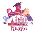 Russia vector illustration. Bear with balalaika, matryoshkas and samovar sticker art. Royalty Free Stock Photo