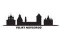 Russia, Veliki Novgorod city skyline isolated vector illustration. Russia, Veliki Novgorod travel black cityscape