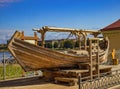 Russia, Veliky Novgorod - August 20, 2023: Old Russian medieval wooden boat