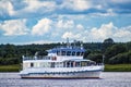 Russia, Veliky Novgorod - August 20, 2023: Pleasure boat on the Volkhov river
