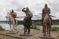 Russia, village Irbeyskoye, July 2019: sculpture Russian knights on the river Bank. hero of Russian epic