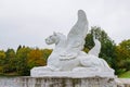 Russia, village Marfino, 29 September 2019: griffin statue at historic Gothic Old Moscow Noble count manor Marfino