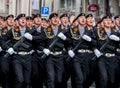 Russia, Vladivostok, 05/09/2018. Armed marines in dress uniform with machine guns on parade on annual Victory Day on May 9.