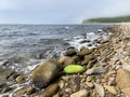 Russia, Vladivostok, Bay of Akhlestyshev on Russkiy island in summer misty morning