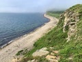 Russia, Vladivostok, Bay of Akhlestyshev on Russkiy island in summer misty morning