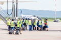 Russia, Vladivostok, 08/17/2020. Crew of airplane in official uniform and medical masks boarding to plane. Crew of plane. Aviation