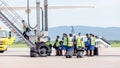 Russia, Vladivostok, 08/17/2020. Crew of airplane in official uniform and medical masks boarding to plane. Crew of plane. Aviation