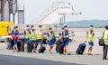 Russia, Vladivostok, 08/17/2020. Crew of airplane in official uniform and medical masks goes to board of plane. Crew of plane.