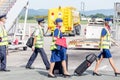 Russia, Vladivostok, 08/17/2020. Crew of airplane in official uniform and medical masks goes to board of plane. Crew of plane.
