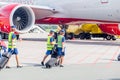 Russia, Vladivostok, 08/17/2020. Crew of airplane in official uniform of Rossiya Airlines goes to board of plane Boeing 777 of