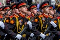 Russia, Vladivostok, 05/09/2018. Graduates of Suvorov Military School in dress uniform with machine guns on parade on annual