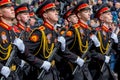 Russia, Vladivostok, 05/09/2018. Graduates of Suvorov Military School in dress uniform with machine guns on parade on annual