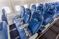 Russia, Vladivostok, 08/17/2020. Interior of passenger plane Airbus A319 of Aurora Airlines. Passengers seats, empty salon.