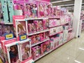 Russia, Vladivostok, March 25, 2022. Interior of kid store, shelves with dolls for sale. Sets of dolls for kids. Common view of