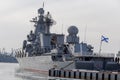 Modern Russian military cruiser battleship Varyag ex-Chervona Ukraina on the pierce.
