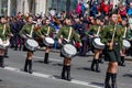 Russia, Vladivostok, 05/09/2018. Nice ladies drummers in stylish military uniform on annual parade on Victory Day on May`9.