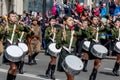 Russia, Vladivostok, 05/09/2018. Nice ladies drummers in stylish military uniform on annual parade on Victory Day on May`9.