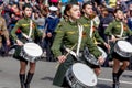 Russia, Vladivostok, 05/09/2018. Nice ladies drummers in stylish military uniform on annual parade on Victory Day on May`9.