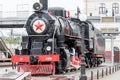 Russia, Vladivostok, 07/06/2019. Old train locomotive as monument on the platform of railway station Vladivostok. This monument is Royalty Free Stock Photo