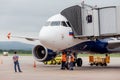 Passenger airplane Airbus A319 of Aurora Airlines prepares for departure. Engineers check aircraft systems.