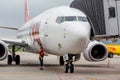 Passenger airplane Boeing 737 of T `way Air prepares for departure. Engineers check aircraft systems. Service and maintenance