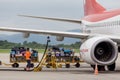 Passenger airplane Boeing 737 of T `way Air prepares for departure. Engineers check aircraft systems. Service and maintenance