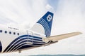 Russia, Vladivostok, 08/17/2020. Passenger jet Airbus A319 of Aurora Airlines on airfield. View on tail of plane. Aviation and