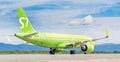 Russia, Vladivostok, 08/17/2020. Passenger plane Airbus A320neo of S7 Airlines on runway after landing in sunny day. Happy journey