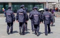 Russia, Vladivostok, 05/09/2018. Policemen on service in city downtown. Inscription