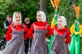 Russia, Vladivostok, 06/12/2018. Portrait of young adorable girls weared in traditional Russian Slavic clothes. Performance on