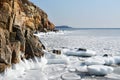 Russia, Vladivostok, Russkiy island. The rocky coast of bay New Dzhigit in winter
