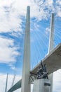 Russia, Vladivostok. View on Golden Bridge and monument to Merchant Navy. Golden Bridge is the most famous sight of Vladivostok. Royalty Free Stock Photo