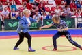 Russia, Vladivostok, 06/30/2018. Women self-defence show. Fighters show how to defence against criminal with knife. Wrestling,