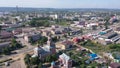 Bird's eye view of Russian town Volzhsk. Aerial photo of buildings and streets.