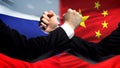 Russia vs China confrontation, countries disagreement, fists on flag background