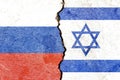 Russia vs Israel flags on cracked wall, political conflict concept Royalty Free Stock Photo