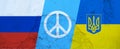 Russia vs Ukraine war. Peace symbol between national flag on faded wall background. 3d render Royalty Free Stock Photo