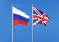 Russia vs United Kingdom. Thick colored silky flags of Russia and United Kingdom. 3D illustration on sky background. Ã¢â¬â Royalty Free Stock Photo