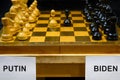 Russia vs USA, chess like geopolitics game. The names Putin and Biden by chessboard