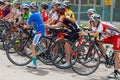 Russia. Vyborg 06.06.2021 Children cycling at the stadium in the summer