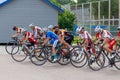 Russia. Vyborg 06.06.2021 Children cycling at the stadium in the summer