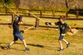 Russia. Vyborg. 08.21.2020. Children fight with wooden swords at a knight`s festival