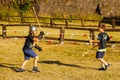 Russia. Vyborg. 08.21.2020. Children fight with wooden swords at a knight`s festival