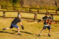 Russia. Vyborg. 08.21.2020. Children fight with wooden swords at a knight`s festival Royalty Free Stock Photo