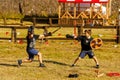 Russia. Vyborg. 08.21.2020. Children fight with wooden swords at a knight`s festival