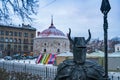 Russia, Vyborg, January 2021. The figure of a knight in a helmet with horns at a round tower.
